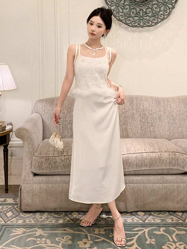 Women's Elegant Slim Strap Dress And Sleeveless Mesh Sheer Top, Summer, Women Two Pieces Sets