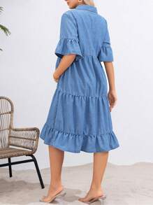 SHEIN Maternity Casual-Fit Denim Dress With Ruffle Hem And Layered Design, Blue - Blue - View 2