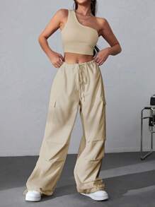 SHEIN EZwear One Shoulder Crop Top & Flap Pocket Side Drawstring Waist Cargo Trousers - Apricot - View 5