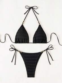 Women's Summer Beach Solid Color Halter Neck Tie Sexy Bikini Set