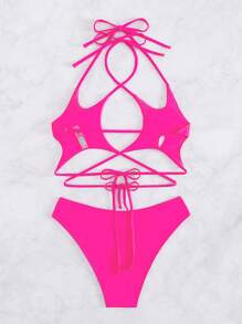 SHEIN Swim Set bikini incrociato a tracolla e halter in tinta unita per la spiaggia estiva delle donne - Fucsia - Visualizzare 2