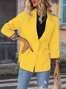 EMERY ROSE Women's Solid Color Simple Daily Blazer With Leopard Print Decorated Cuffs Fall Cloth For Women - Yellow - View 3