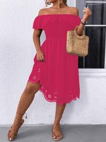 SHEIN Clasi Váy trễ vai đơn giản hàng ngày màu trơn dành cho nữ cỡ lớn - Màu Hồng Tươi - Xem 4