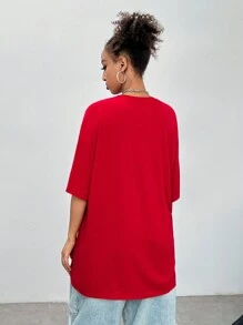 SHEIN Coolane Women's Summer Back To School Basketball Game Letter Printed Oversized Drop Shoulder Sleeve T-Shirt - Red - View 2