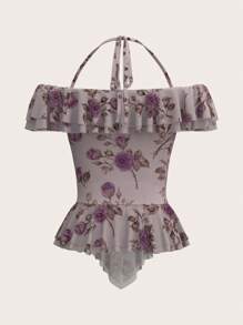SHEIN Privé Parte superior con volantes y aberturas en los hombros, estampado floral, tirantes con lazo, bajo asimétrico elegante para mujer en verano
