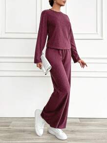 RueChic Đồ đan Ribbed Tay áo dài Áo thun Và Quần Nhà  Mặc Bộ đồ - Màu Đỏ Sâu - Xem 1