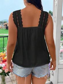 Flirla Plus Size Solid Color Square Neck Lace Trim Sleeveless Shirt, Summer - Black - View 2