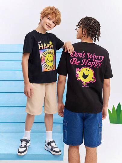 Mr Men Little Miss X SHEIN 繽紛圓領T恤，印有男孩卡通形象表情字母圖案