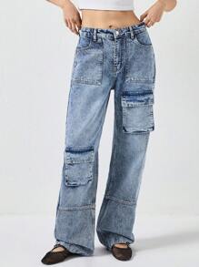 EURMUSE Women Low Waist Cargo And Wide Leg - Blue - View 1