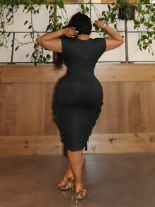 Slaydiva 大码派对优雅纯色修身深 V 领流苏短袖中长款黄色女士连衣裙，款式 E 黑色派对礼服女士黑色中长连衣裙女士节日连衣裙黑色优雅连衣裙