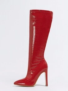 Botas con punta puntiaguda y tacón ancho para mujer, botas rojas con estampado animal para bailar, bodas, Día de San Valentín, botas elásticas sexys para otoño/invierno Día de los Enamorados