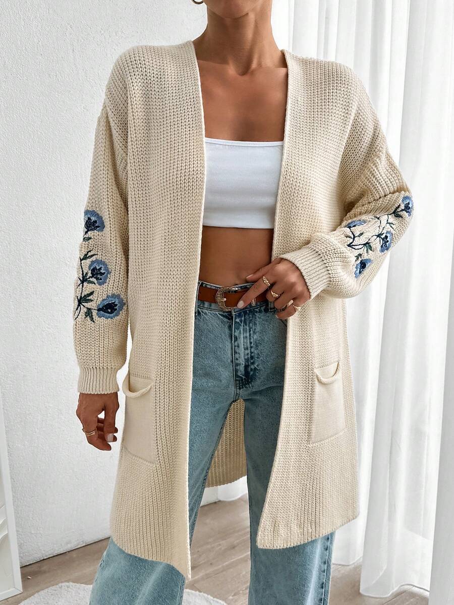 EURMUSE Balloon Sleeve Cardigan With Embrodiary - Beige - View 1