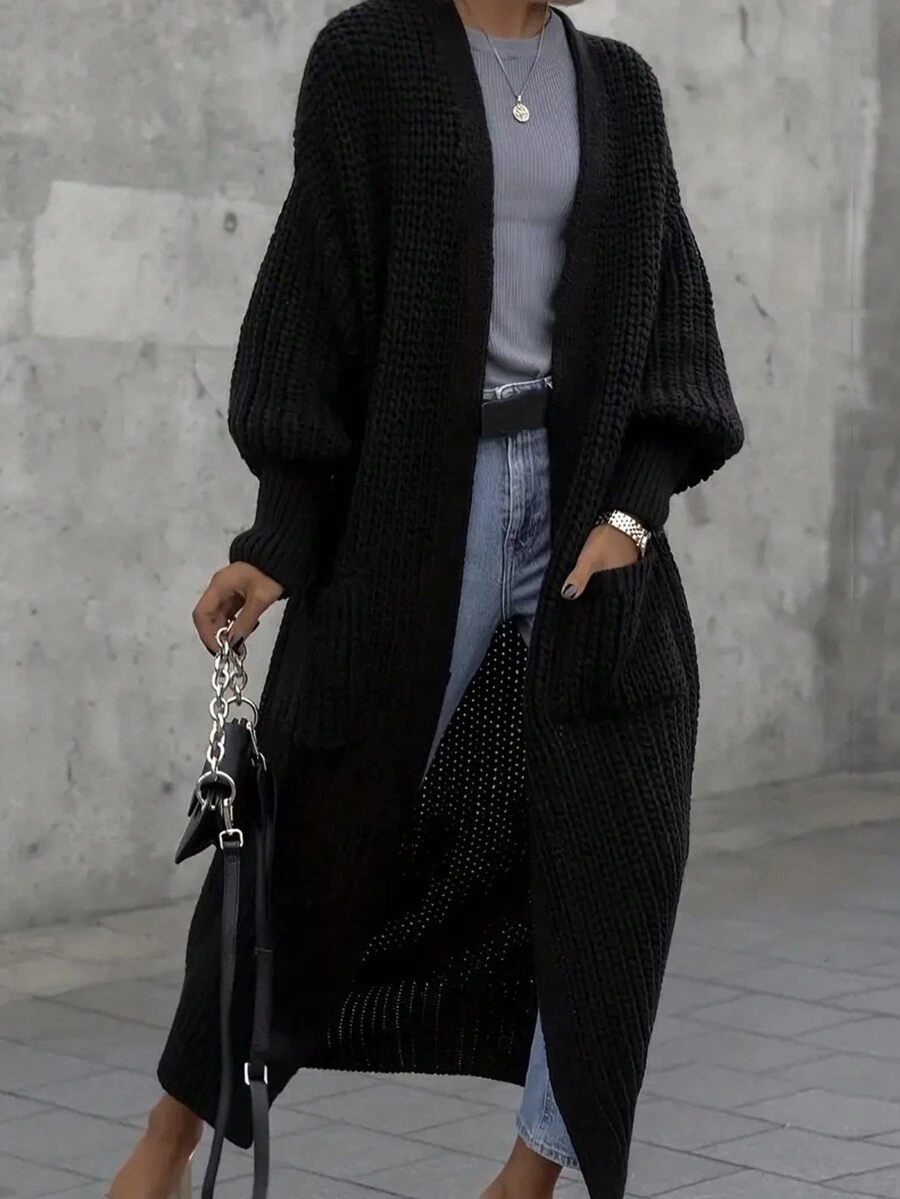 Dual Pocket Drop Shoulder Cardigan,Long Sleeve Tops - Black - View 1