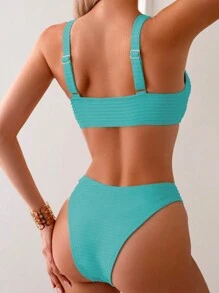 SHEIN Swim 女士單色扭結前豪華比基尼套裝，夏季沙灘服裝 - 藍色 - 查看 2