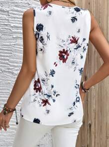 EMERY ROSE Women's Summer Casual Pleated Button Decoration Asymmetrical Hem Flower Printed Sleeveless Camisole Top - White - View 2