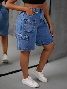 SHEIN SXY 大尺碼女性休閒牛仔短褲，帶口袋 - 中等水洗藍 - 查看 1