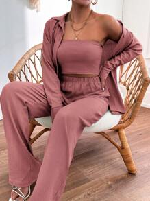 EURMUSE 超大尺寸紋理休閒時尚襯衫三件套 - 玫瑰紅 - 查看 5