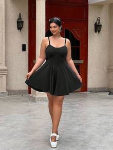 POPSWAY Plus Size Summer Casual Waist Drawstring Sling Dress - Black - View 4