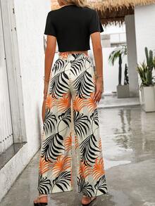 Breezaya Summer Vacation Solid Color Bandeau Cropped Top + Botanical Print Long Pants Two-Piece Set