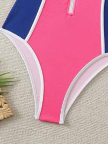 Swim SPRTY Women's Beach Vacation Color Block Zipper Halterneck Sleeveless Monokini Swimsuit Summer - Hot Pink - View 3