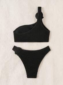 Swim Vcay Women's Summer Beach Solid Color 3D Flower Decor One Shoulder Sexy Bikini Set - Black - View 2