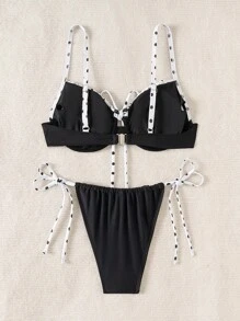 SHEIN Swim Women Vacation Beach Polka Dot Printed Patchwork Bikini Set,Summer Beach - Multicolor - View 2