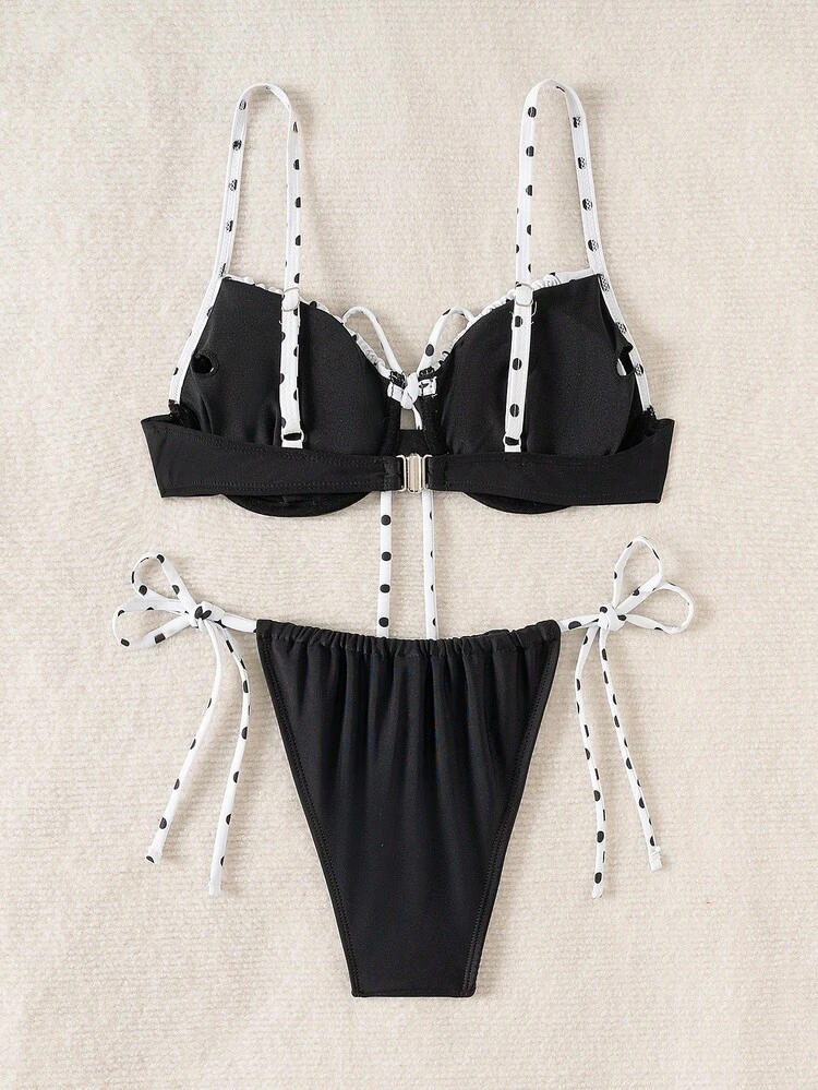 Women Vacation Beach Polka Dot Printed Patchwork Bikini Set,Summer Beach