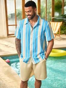 Manfinity Homme Men's Plus Size Summer Casual Stripe Short Sleeve Shirt And Drawstring Waist Shorts Set - Multicolor - View 5