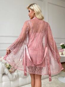 女士蕾丝边睡衣套装，秋冬服装 - 珊瑚粉 - 查看 2