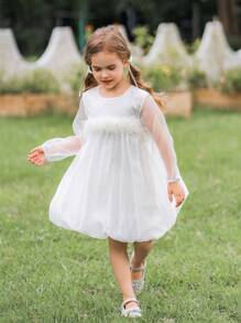 SHEIN Glamorique Kids Girls' Feather Long Sleeve Tulle Flower Dress - White - View 1