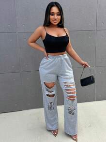 Zolique 女士夏季寬鬆休閒破洞長褲 - 灰色 - 查看 5