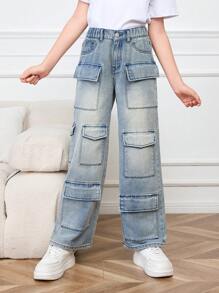 Girls' Loose Fit Wide Leg Denim Jeans, Multi-Pocket Workwear Style - Light Wash - View 1