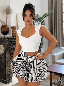 SHEIN SXY 女款方領短款上衣，甜心領短袖T恤 - 白色 - 查看 1