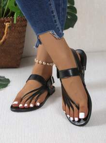 女士平底趾环一脚蹬镂空凉鞋 - 黑色 - 查看 4