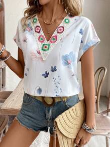 Breezaya Camisa simple y diaria para mujer con cuello impreso aleatorio y decoración bordada