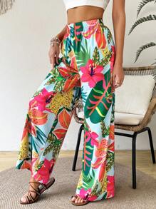 SHEIN VCAY Calças Casuais de Perna Larga em Estilo de Férias com Estampa de Planta Tropical para Mulheres - Multicolorido - Visão 6