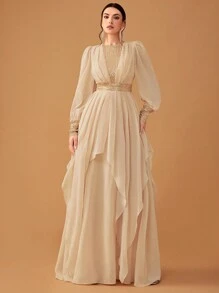 YISIKADO Women's Elegant Chiffon Sequined Lantern Sleeve Party Dress Long Sleeve Formal Evening Prom Wedding Guest Gown, For Graduation, Dinner - Champagne - View 6