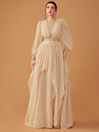 YISIKADO 女士优雅雪纺亮片灯笼袖派对礼服长袖正式晚会舞会婚礼宾客礼服，适合毕业典礼、晚宴