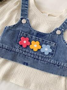 SHEIN 3-teiliges Modisches Tops-Set für Baby Mädchen, bestehend aus Denim-Träger-Top, Handtuch-besticktem Blumentop und niedlichem Denim Rock - Verschiedenfarbig - Übersicht 4