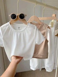 Conjunto de 3 peças de Camiseta Casual de Manga Curta de Gola Redonda para Meninos Jovens, Regata com Decote em V e Calça Comprida Solta