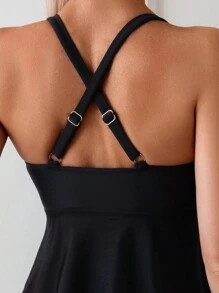 SHEIN Swim 女士純色黑色十字背帶泳衣套裝，細肩帶領口泳裙及泳褲，適合夏季海灘度假 - 黑色 - 查看 5