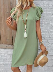 EMERY ROSE Ladies' Solid Color Round Neck Casual Summer Dress Green Dress Teacher Clothes Brunch Dress Back To School Clothes,Sage Green Dress - Green - View 6