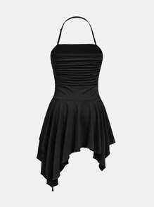 SHEIN Teen Girl Knitted Solid Color Short Dress With Anti-Glare Shorts, Ruched And Asymmetrical Hem, Halter Neck Design
