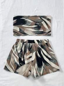 SHEIN VCAY 大码节日梭织印花短款上衣和高腰宽松短裤女式两件套，狂欢节服装，商务休闲女装，波西米亚乡村风格女装，女士沙滩装，女士沙滩装，夏季服装 - 彩色 - 查看 2