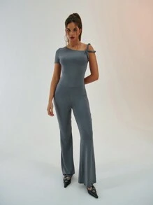 Aloruh Simple Commuting & Sports Gray Bodycon Jumpsuit For Women With Asymmetrical Sleeves And Floor-Length Design - Grey - View 4