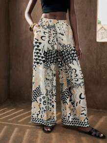 Maija 女式多色花卉印花宽腿宽松阔腿裤，带口袋，百搭度假/假日风格，沙滩装