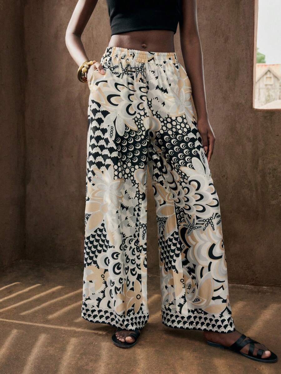 Maija 女式多色花卉印花宽腿宽松阔腿裤，带口袋，百搭度假/假日风格，沙滩装