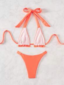 Swim SXY Women's Solid Color Orange Halter Strap Sexy Bikini Set For Summer Beach - Orange - View 2