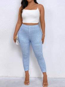 SHEIN LUNE Plus Size Solid Color Ribbed Skinny Tights - Blue - View 6