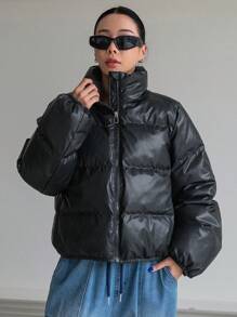 DAZY 女士冬季休闲纯色立领棉衣，冬季女装，冬季外套女士夹克 - 黑色 - 查看 6